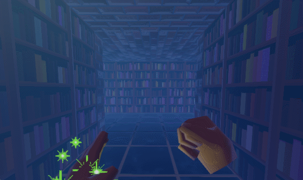 Animated GIF of particle effects on the left hand of the player character in a first-person video game